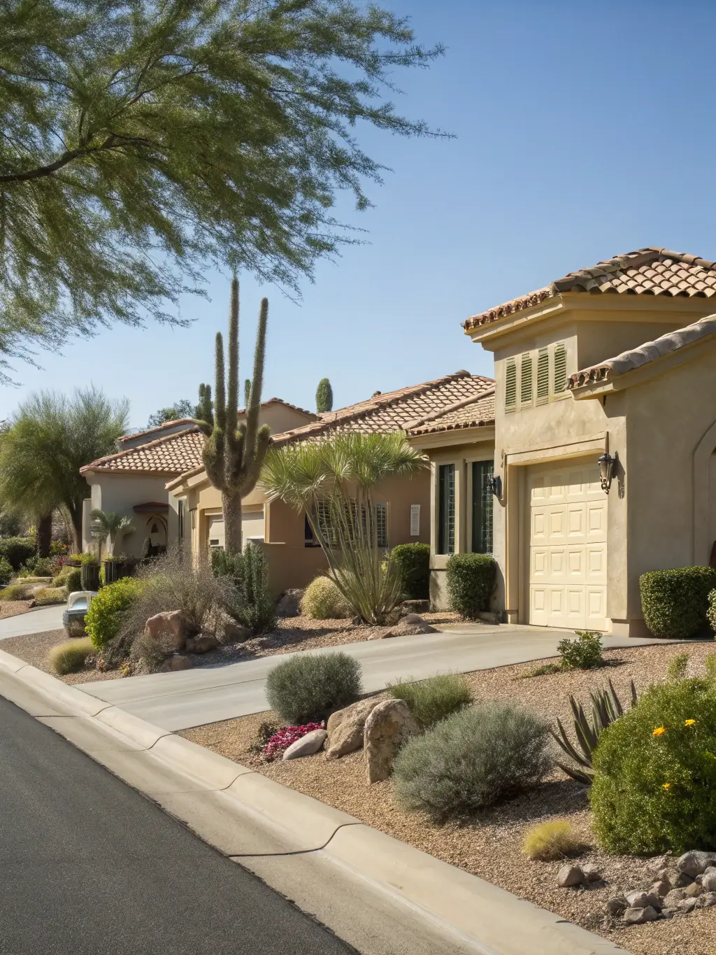 A family happily unpacking boxes in front of their new home in a sunny, suburban neighborhood in Scottsdale, Arizona. The image conveys a sense of excitement and new beginnings, representing a successful out-of-state relocation.
