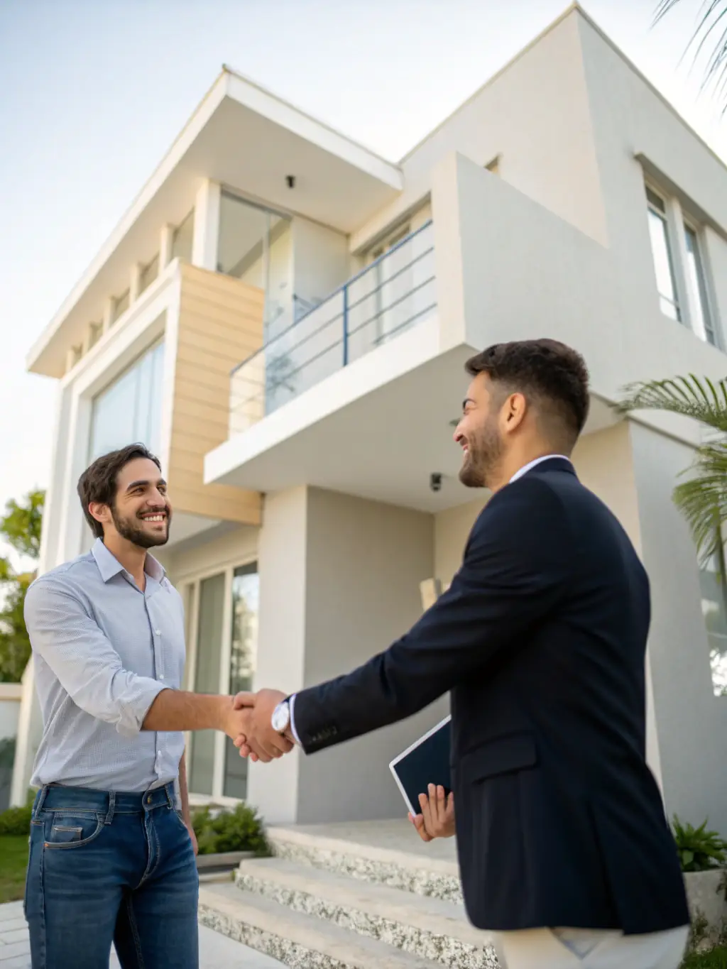 A handshake between a LeavingIL.com client and a real estate agent in Denver, Colorado, with a backdrop of a modern home. This symbolizes the connection to trusted professionals in the new location.