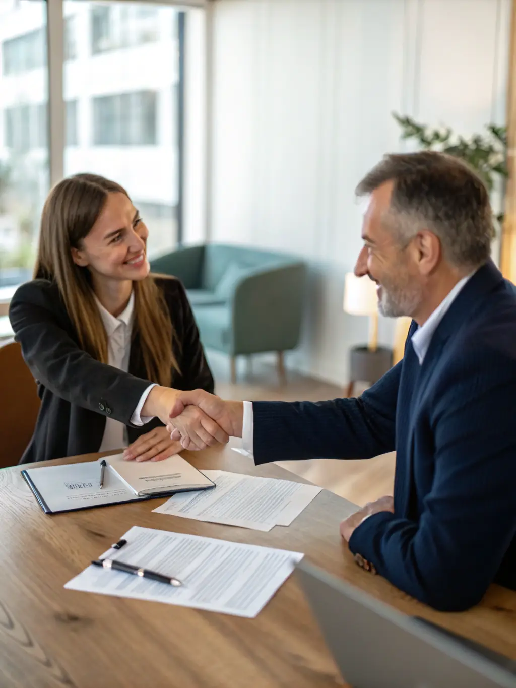 Two people shaking hands over a table with documents, representing successful negotiation in a real estate deal.
