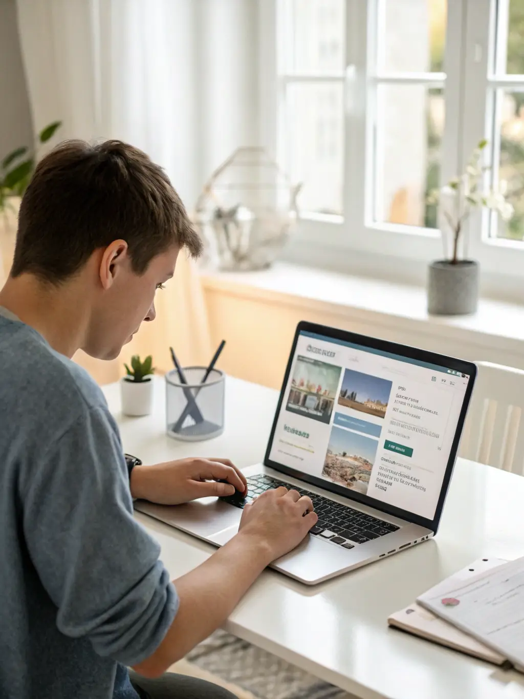 A person using a laptop to research different neighborhoods and school districts in Austin, Texas. The image highlights the importance of thorough research in the relocation process.