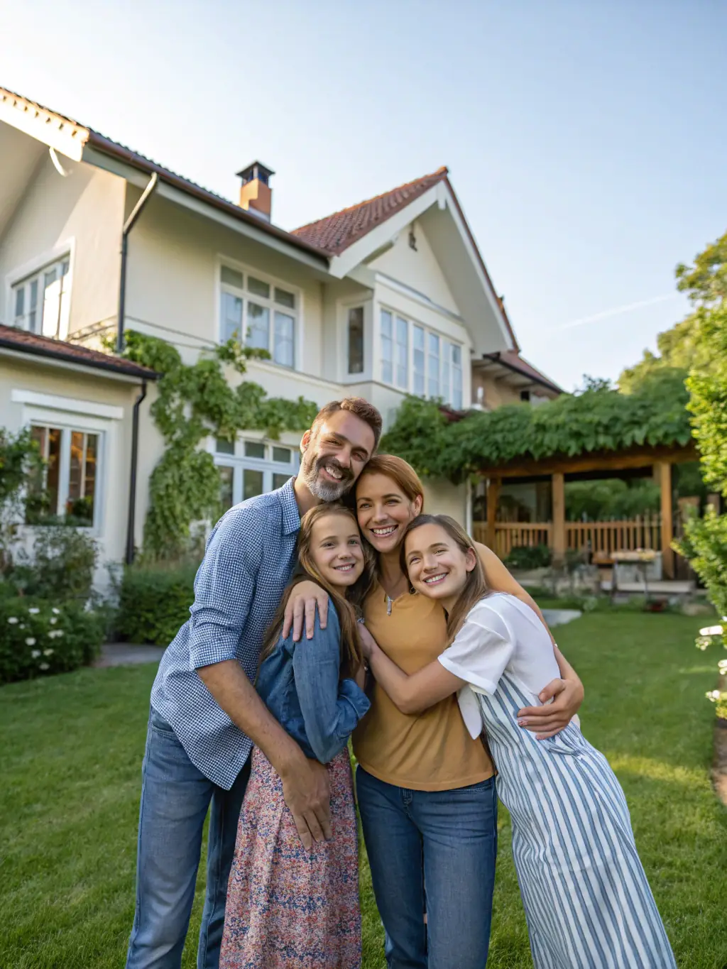 A family happily standing in front of their new home out of state, symbolizing out-of-state relocation planning.