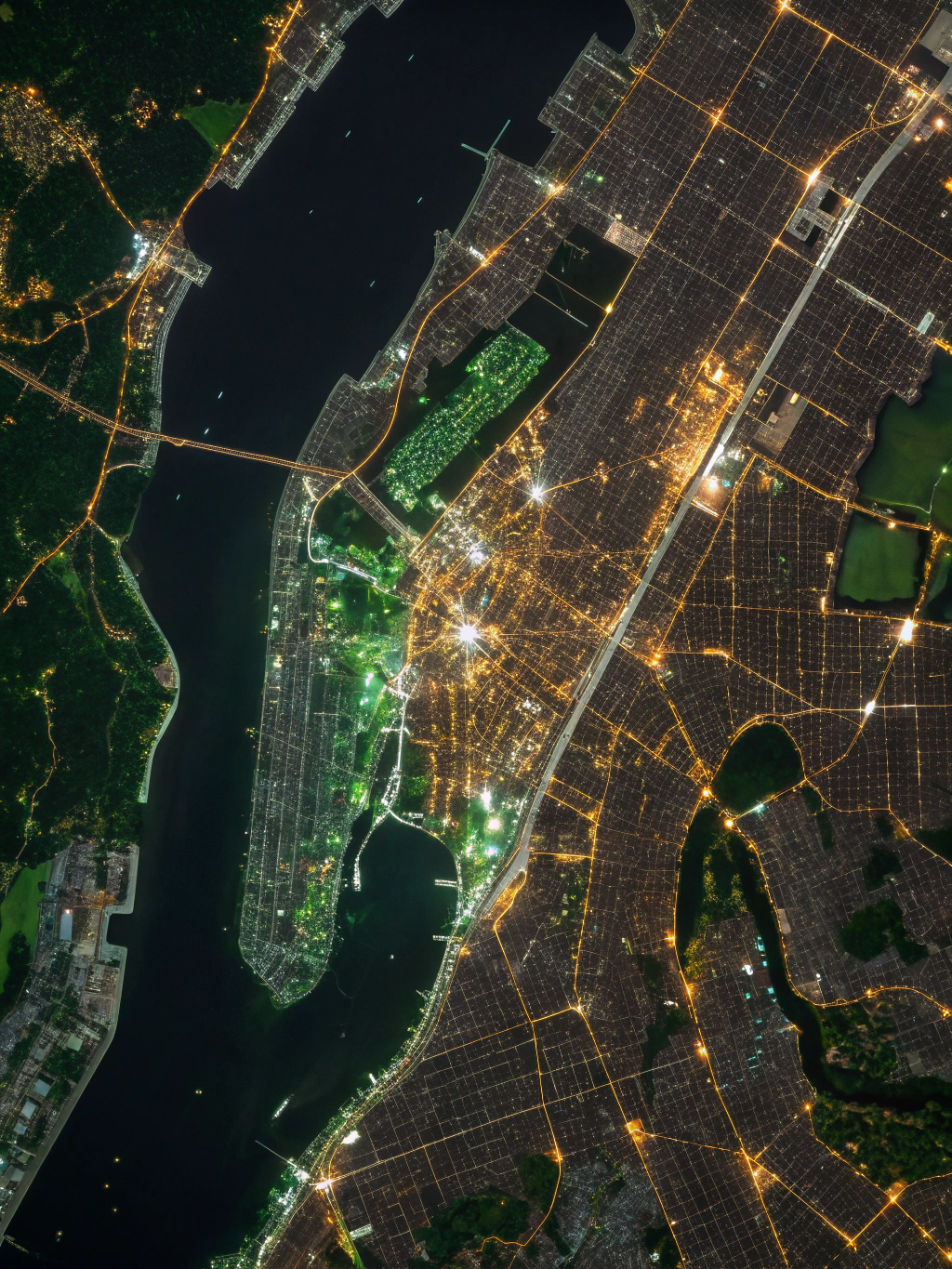 Satellite view of the United States at night showing city lights